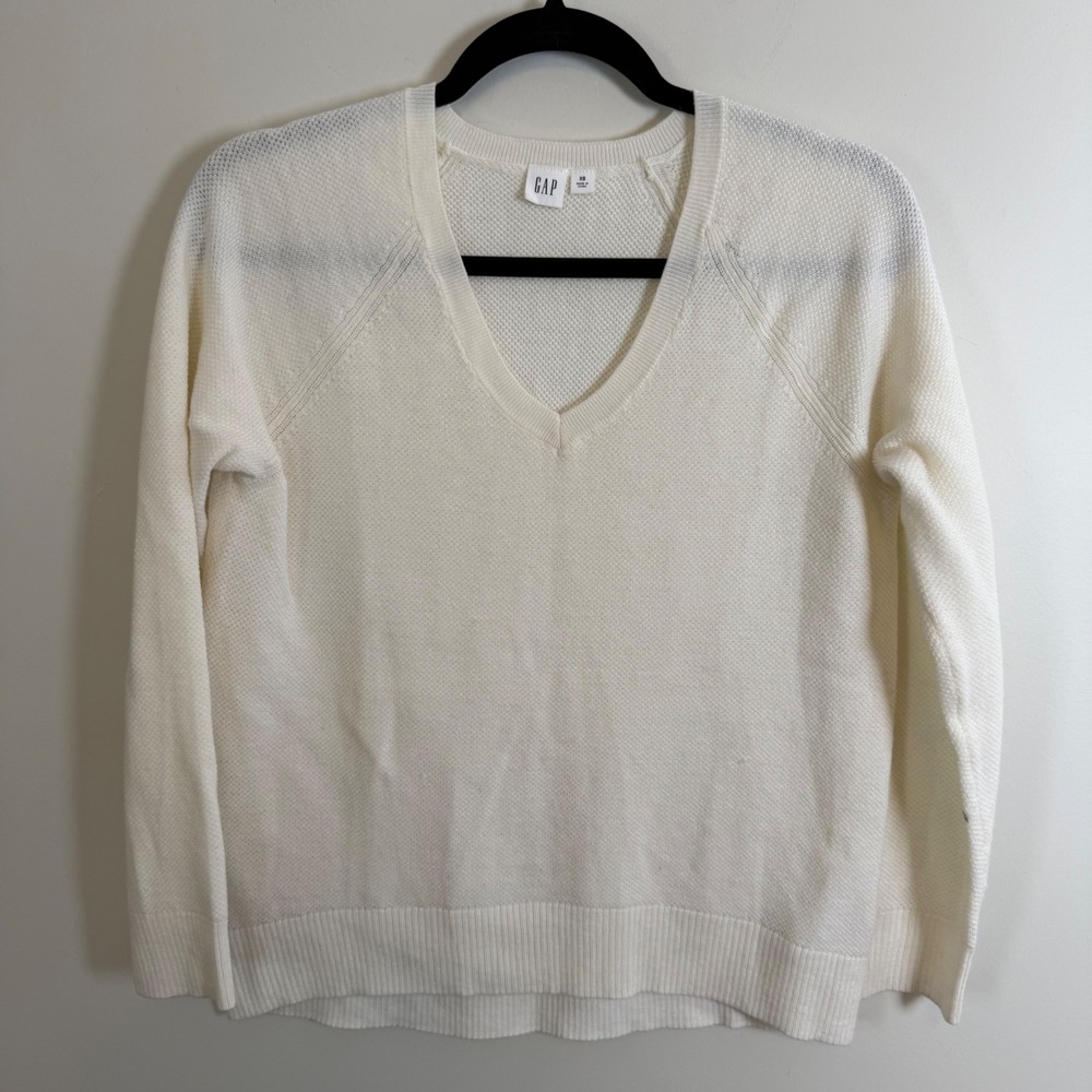 GAP Womens Cream Merino Extra Fine Wool Blend V-Neck Textured Sweater XS B192